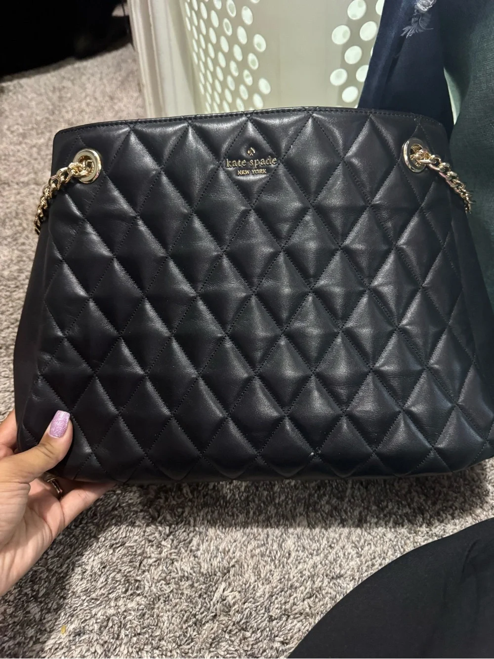 kate spade Black Quilted Leather Shoulder Bag with Gold Chain